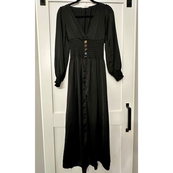 Mable Satin black dress, high center slit, gold button detail sz Small - Picture 1 of 10